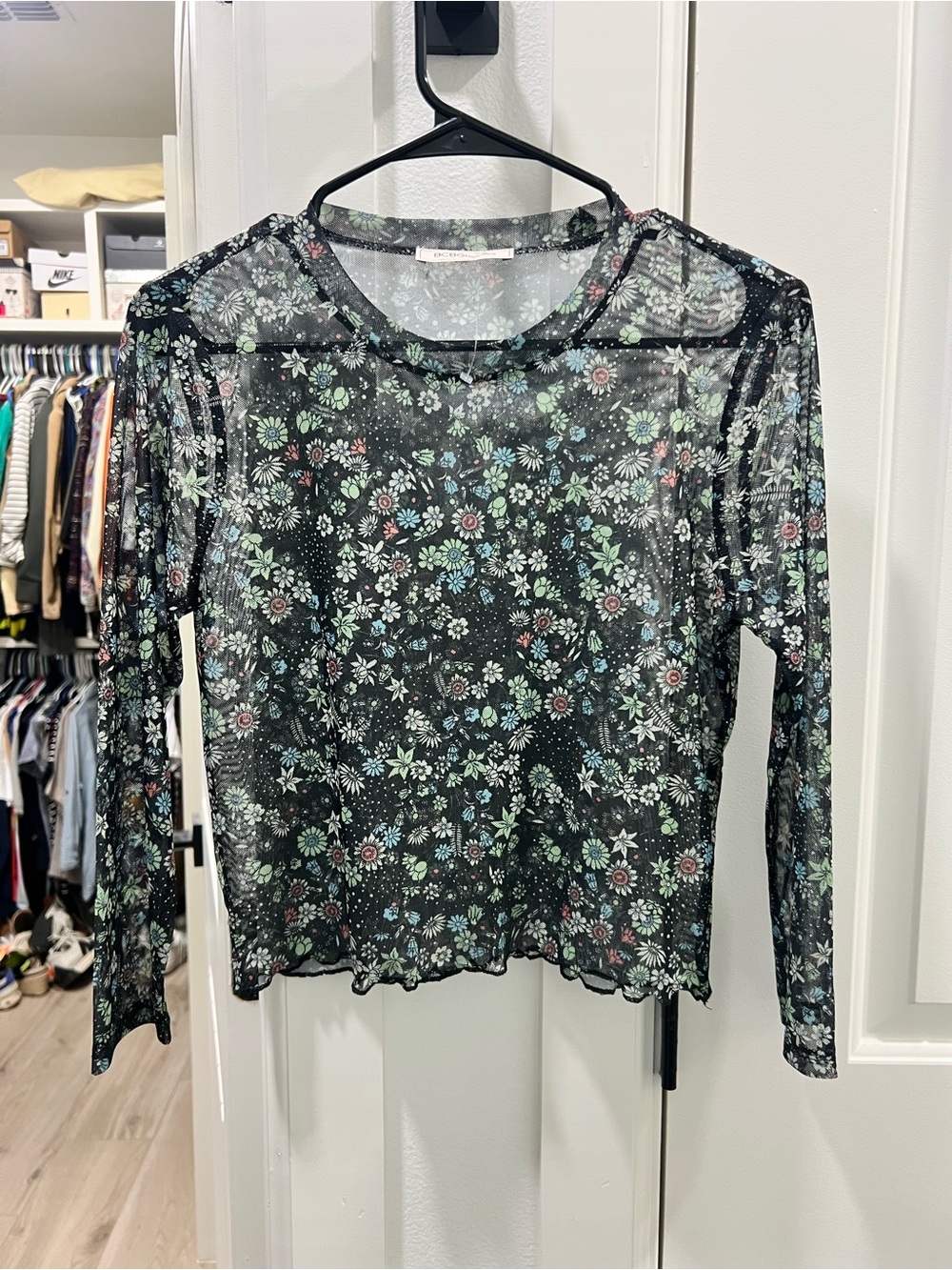 BCBGeneration Women's Black Sheer Floral Long-Sleeve Top